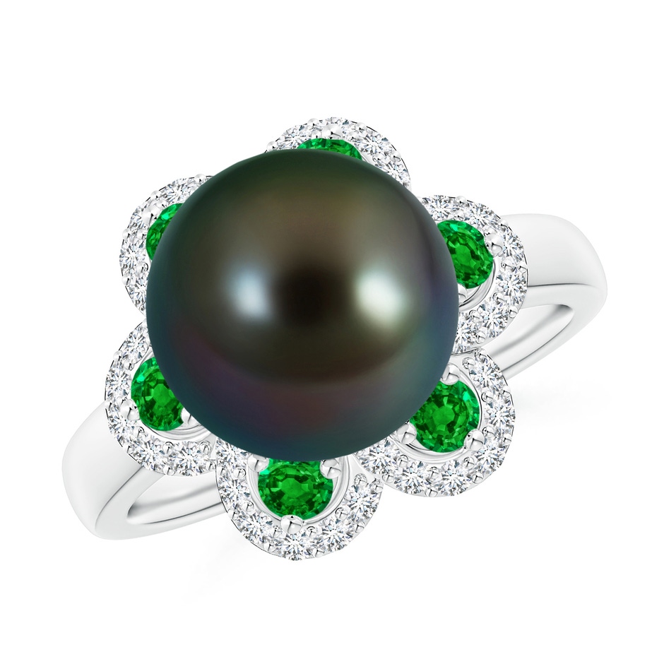 10mm AAAA Tahitian Pearl Floral Ring with Emeralds in White Gold 
