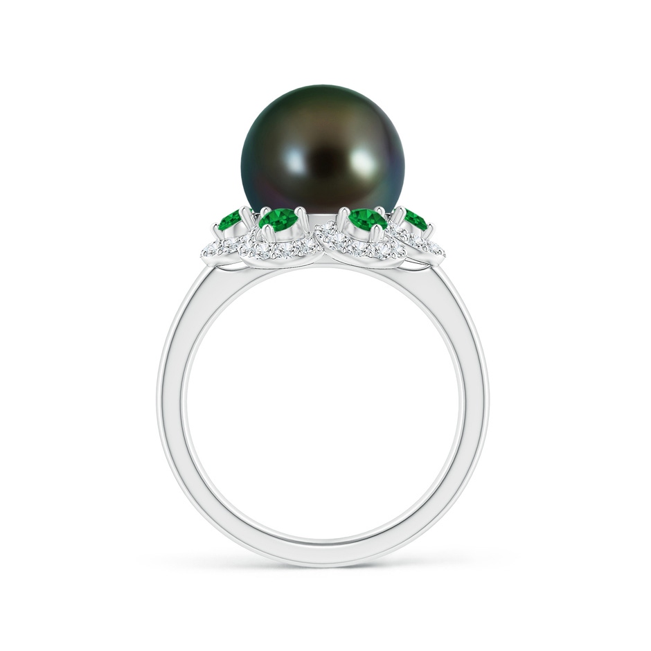 10mm AAAA Tahitian Pearl Floral Ring with Emeralds in White Gold side 1