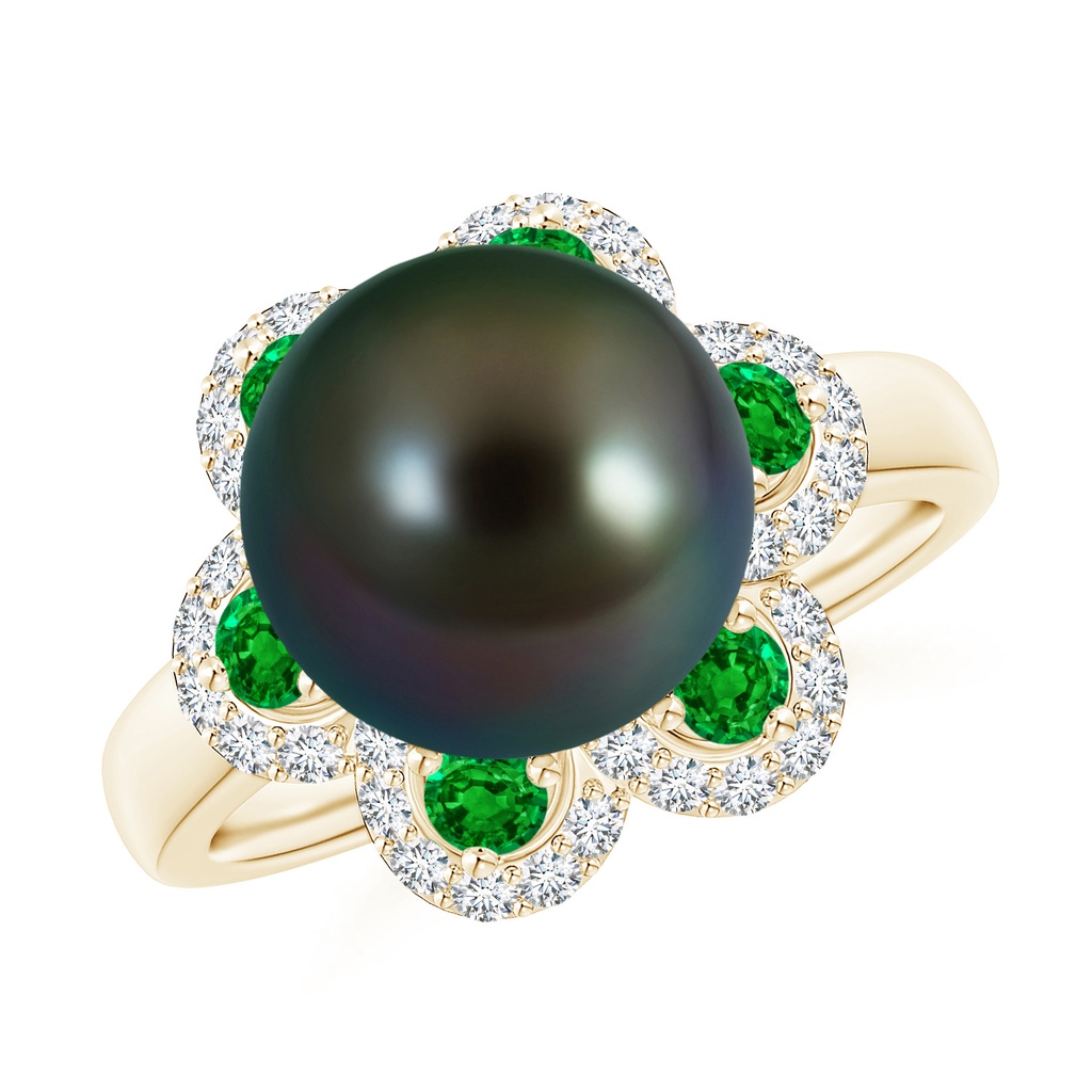 10mm AAAA Tahitian Pearl Floral Ring with Emeralds in Yellow Gold