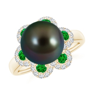 10mm AAAA Tahitian Pearl Floral Ring with Emeralds in Yellow Gold
