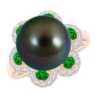 12mm AAAA Tahitian Pearl Floral Ring with Emeralds in Rose Gold