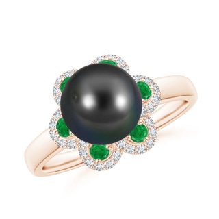 8mm AA Tahitian Pearl Floral Ring with Emeralds in Rose Gold