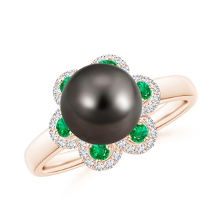 8mm AAA Tahitian Pearl Floral Ring with Emeralds in Rose Gold