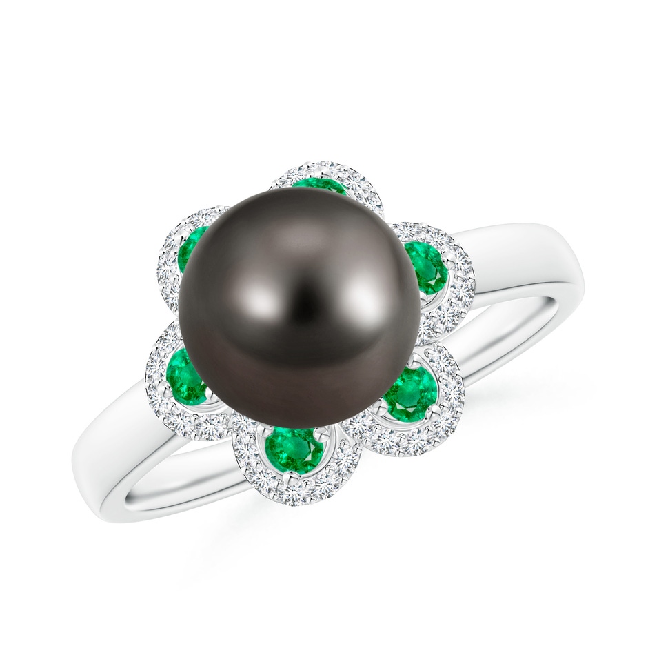 8mm AAA Tahitian Pearl Floral Ring with Emeralds in White Gold 