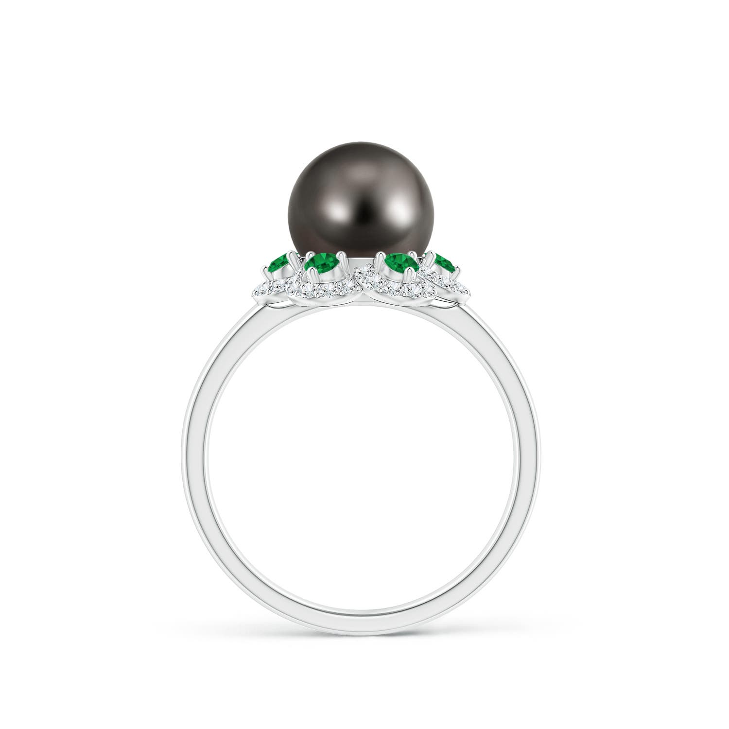 8mm AAA Tahitian Pearl Floral Ring with Emeralds in White Gold - side 1