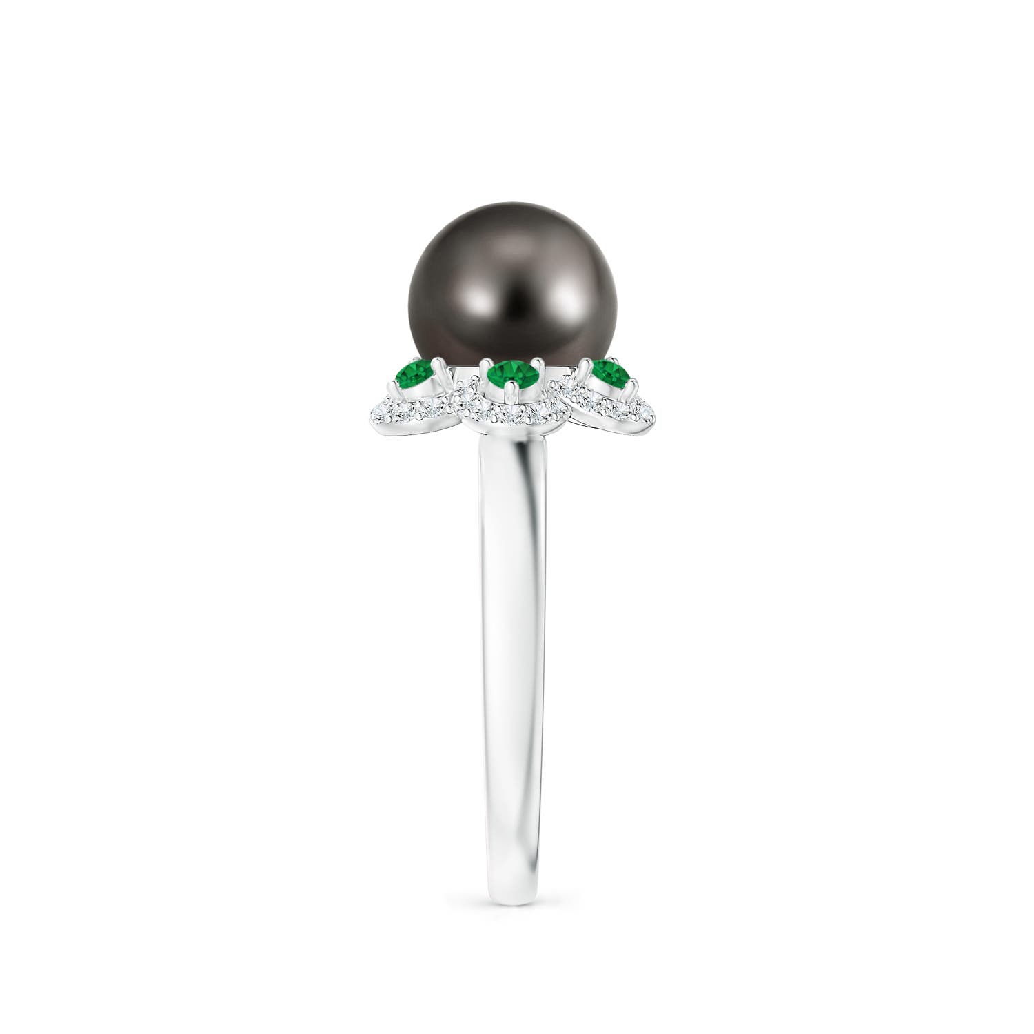 8mm AAA Tahitian Pearl Floral Ring with Emeralds in White Gold - side 2