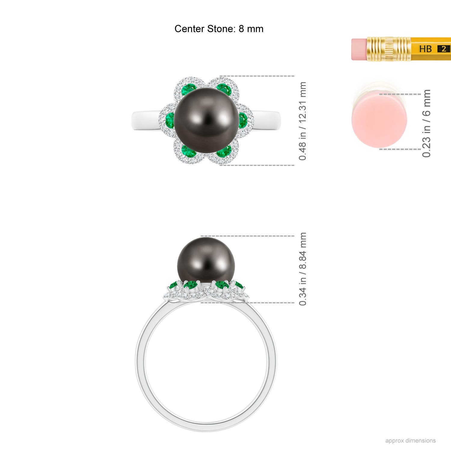 8mm AAA Tahitian Pearl Floral Ring with Emeralds in White Gold - ruler