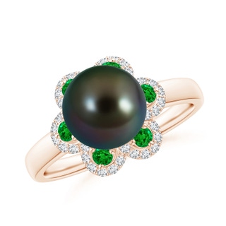 8mm AAAA Tahitian Pearl Floral Ring with Emeralds in Rose Gold