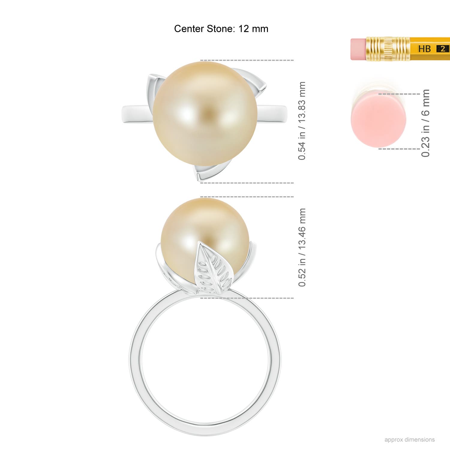 12mm AAA Trillium Golden South Sea Pearl Solitaire Ring in White Gold - ruler