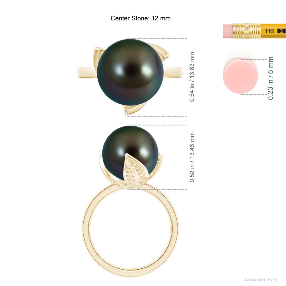 12mm AAAA Trillium Tahitian Pearl Solitaire Ring in Yellow Gold ruler