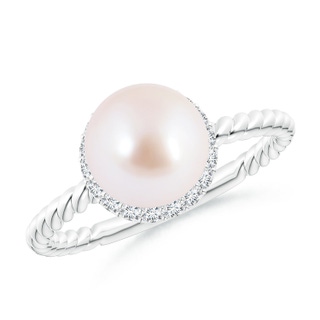 8mm AAA Japanese Akoya Pearl Twisted Rope Shank Ring in White Gold