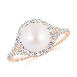 8mm AA Japanese Akoya Pearl Split Shank Ring with Halo in Rose Gold