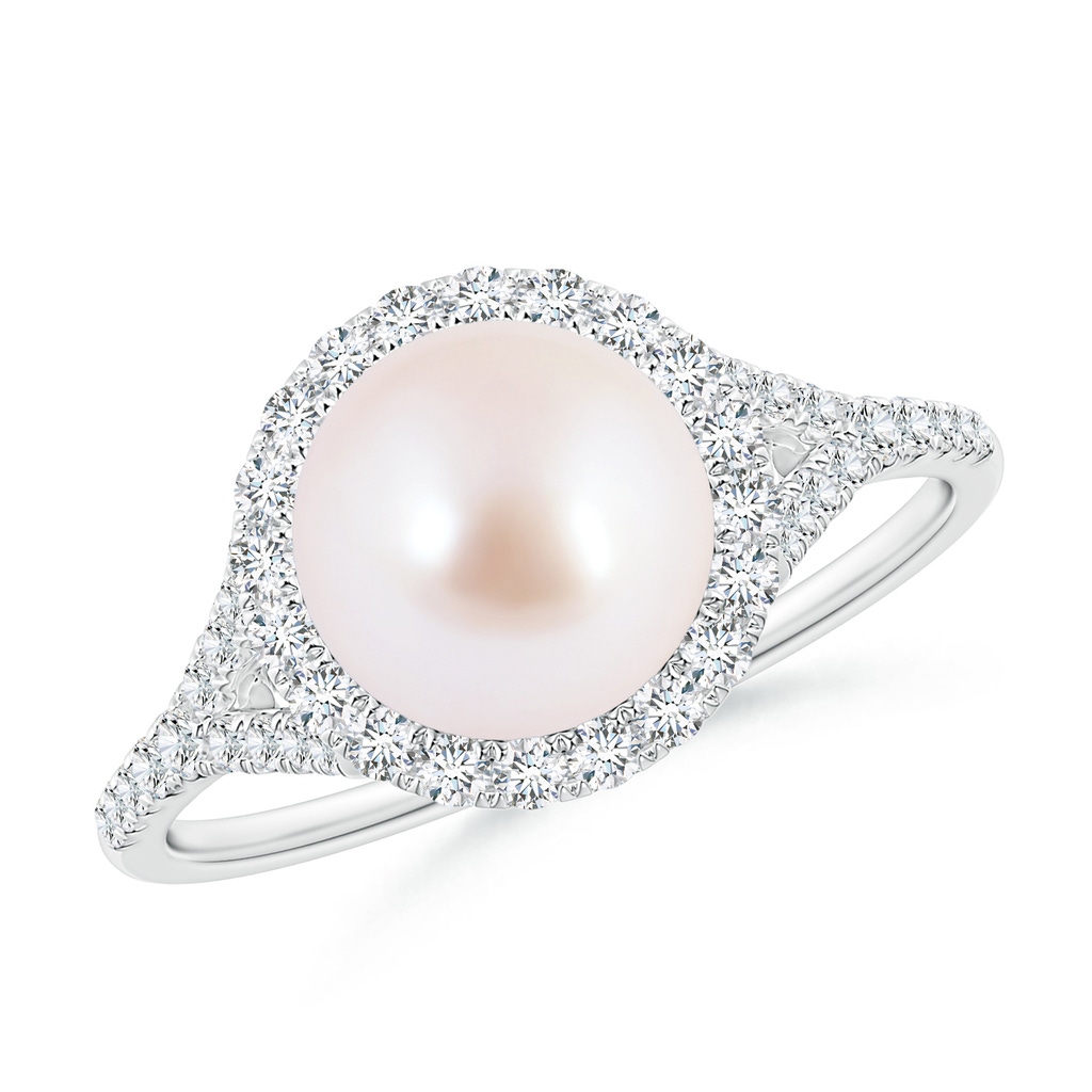 8mm AAA Japanese Akoya Pearl Split Shank Ring with Halo in White Gold