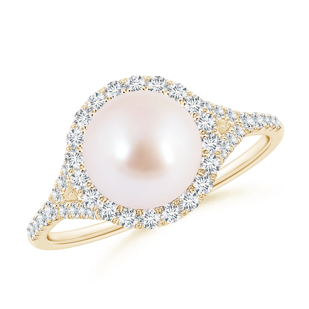 8mm AAA Japanese Akoya Pearl Split Shank Ring with Halo in Yellow Gold