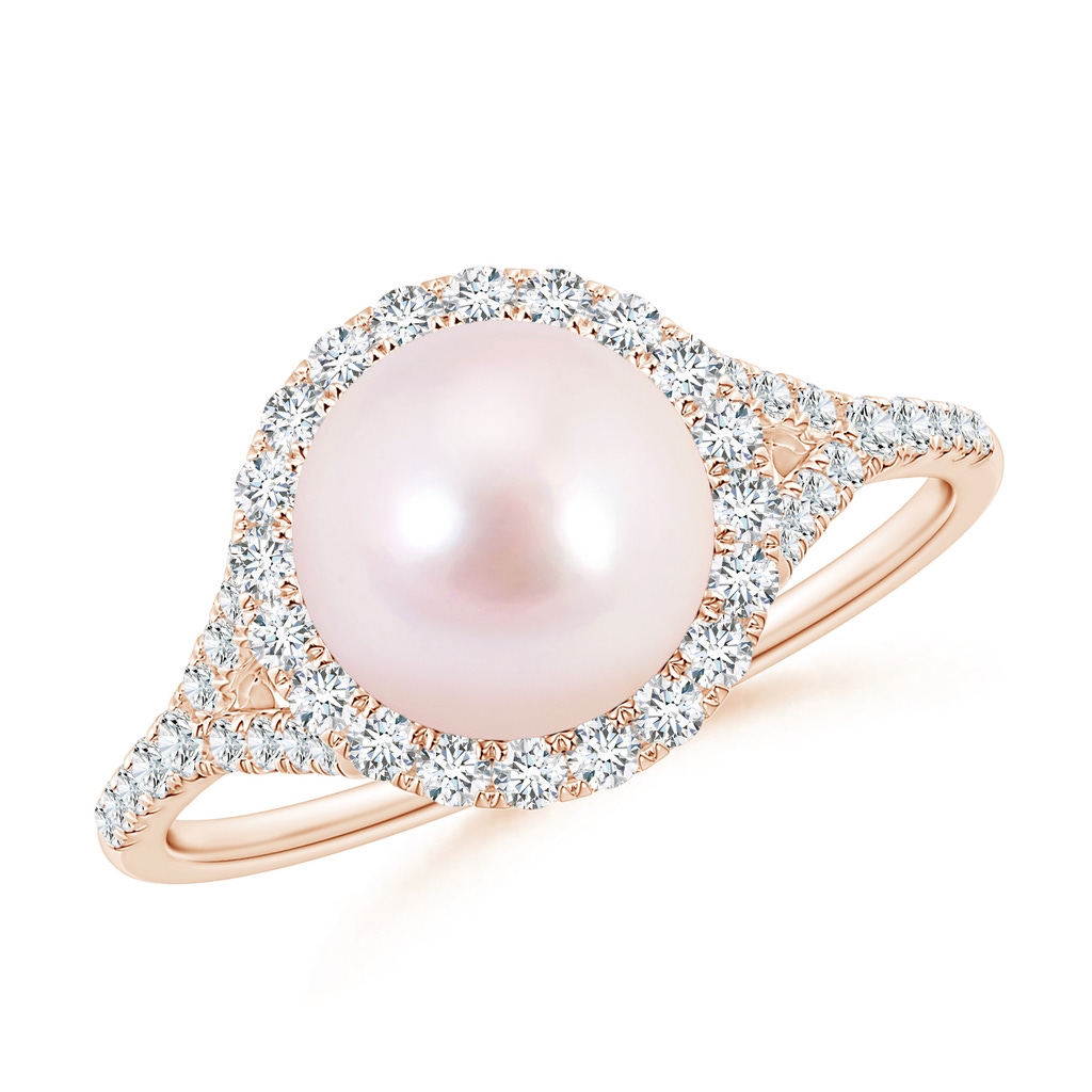 8mm AAAA Japanese Akoya Pearl Split Shank Ring with Halo in Rose Gold