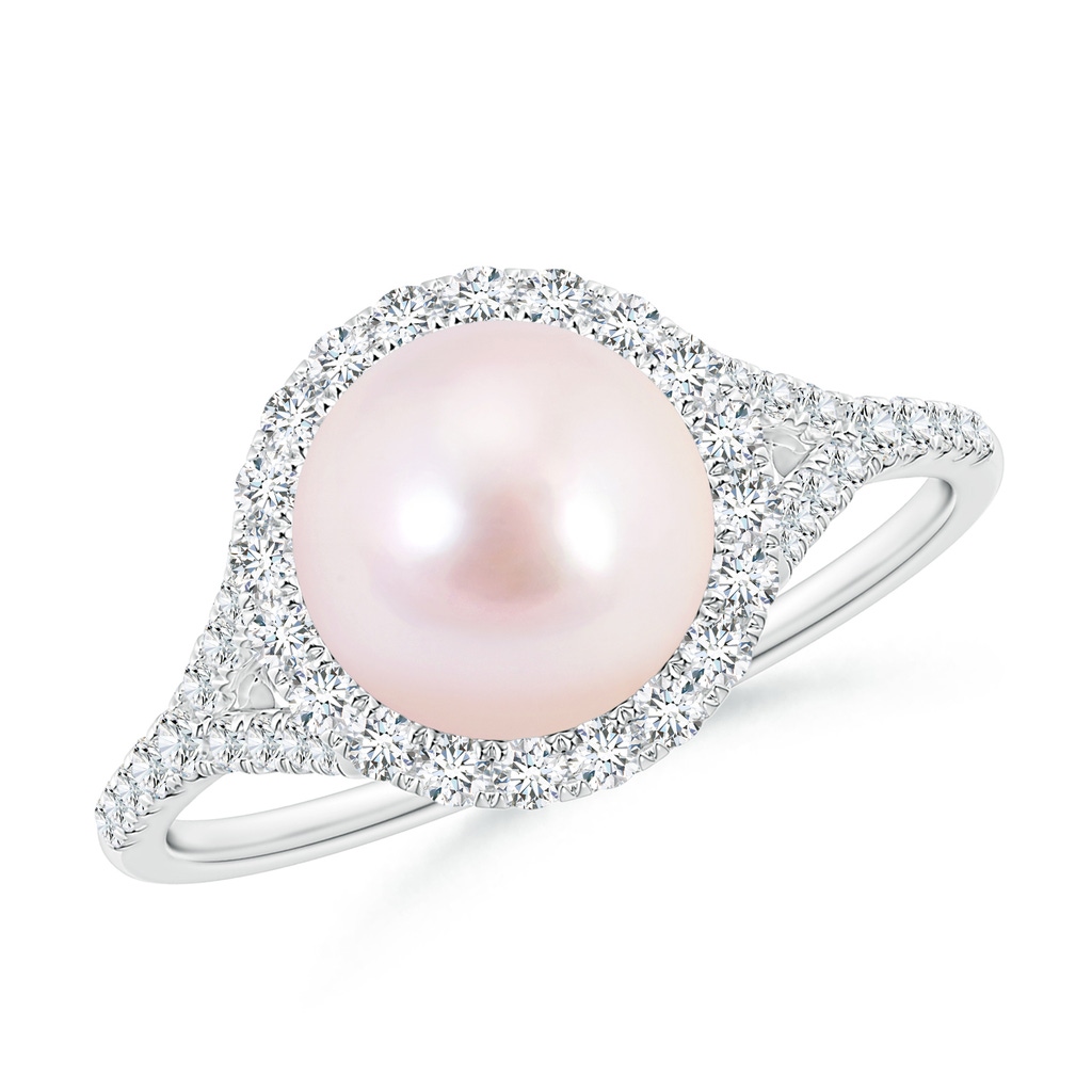 8mm AAAA Japanese Akoya Pearl Split Shank Ring with Halo in White Gold