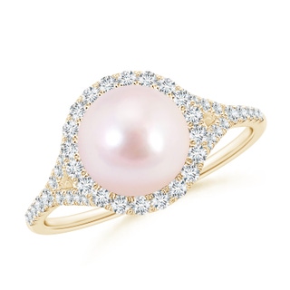 8mm AAAA Japanese Akoya Pearl Split Shank Ring with Halo in Yellow Gold