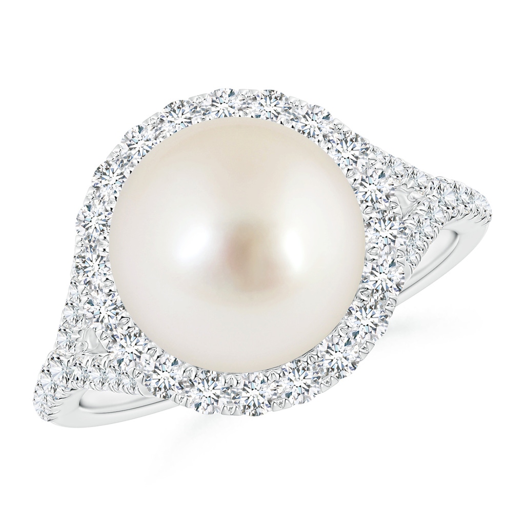 10mm AAAA South Sea Pearl Split Shank Ring with Halo in White Gold