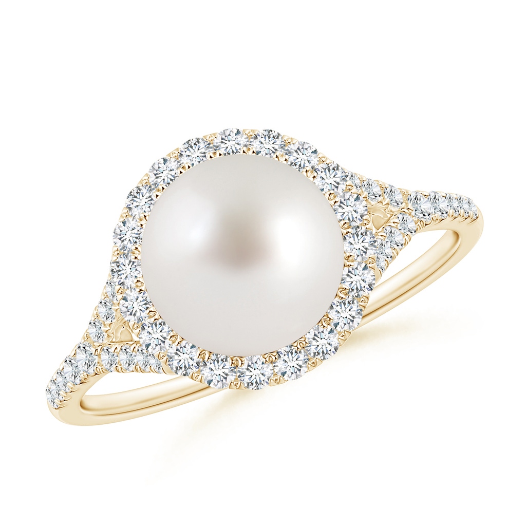 8mm AAA South Sea Pearl Split Shank Ring with Halo in Yellow Gold