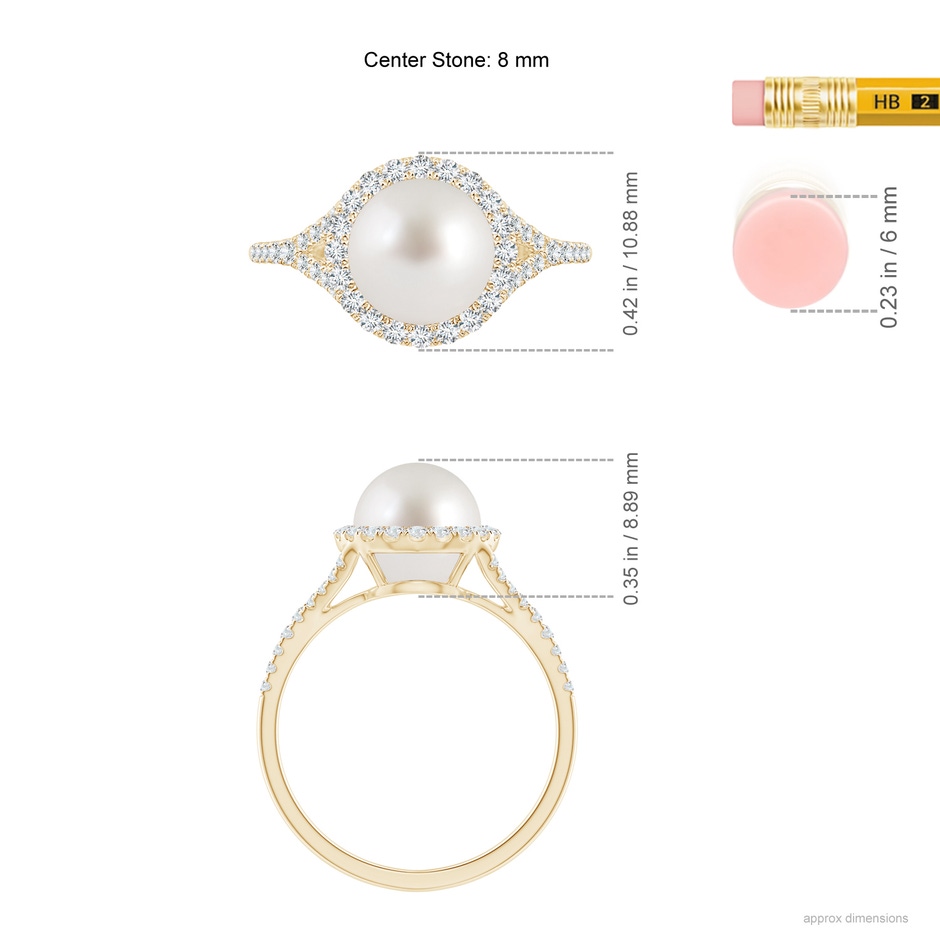 8mm AAA South Sea Pearl Split Shank Ring with Halo in Yellow Gold ruler