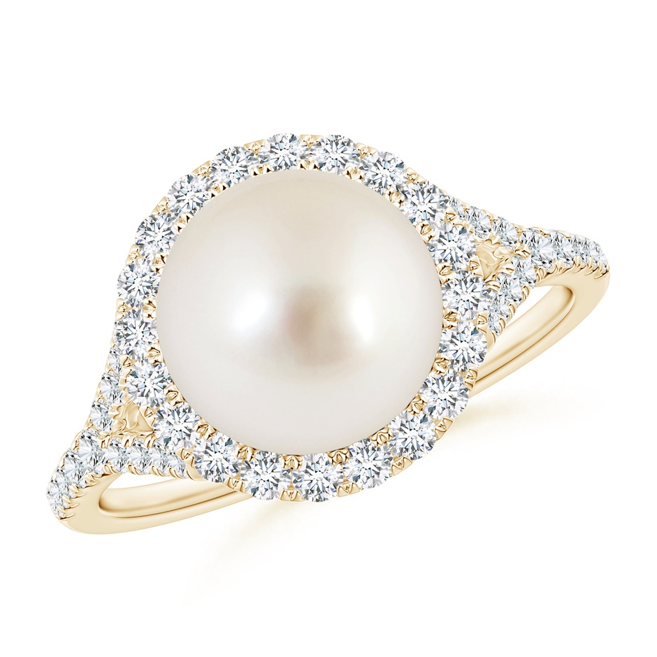 9mm AAAA South Sea Pearl Split Shank Ring with Halo in Yellow Gold 