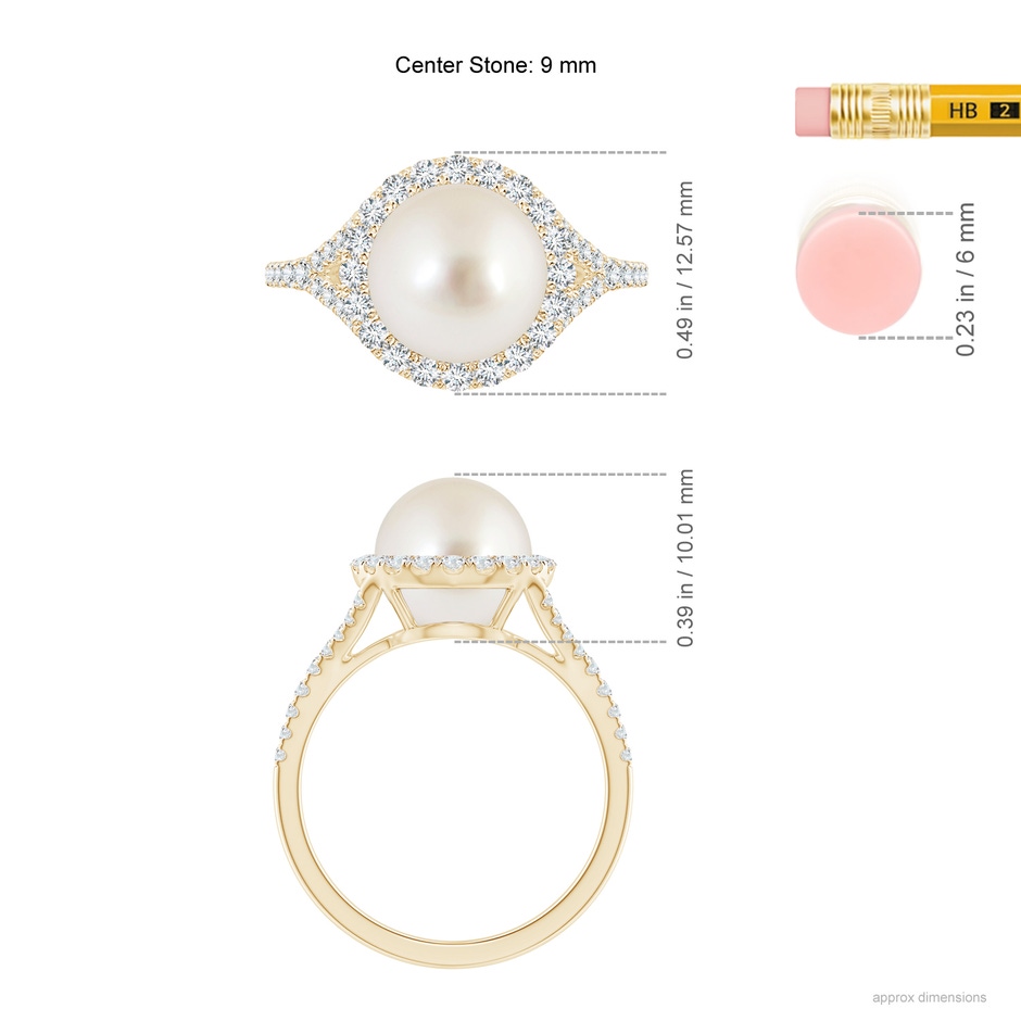 9mm AAAA South Sea Pearl Split Shank Ring with Halo in Yellow Gold ruler