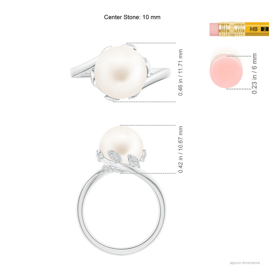 10mm AA Freshwater Pearl Olive Leaf Bypass Ring in White Gold ruler