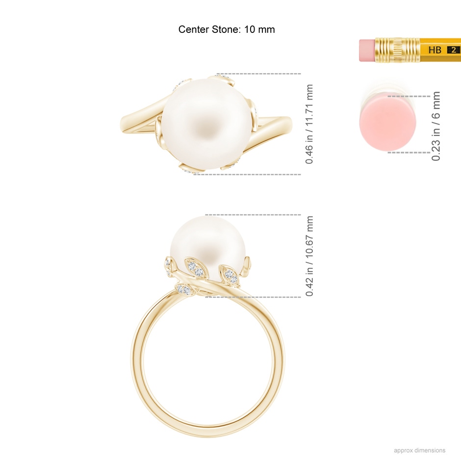 10mm AA Freshwater Pearl Olive Leaf Bypass Ring in Yellow Gold ruler