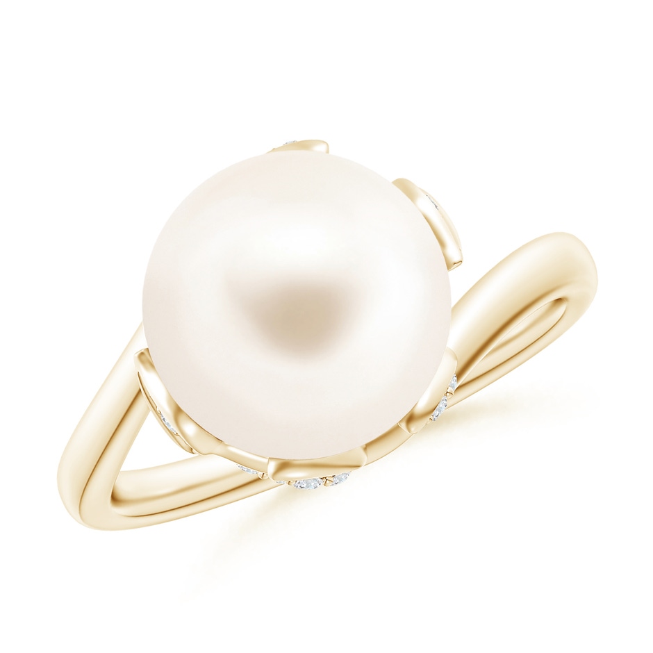 10mm AAA Freshwater Pearl Olive Leaf Bypass Ring in Yellow Gold 