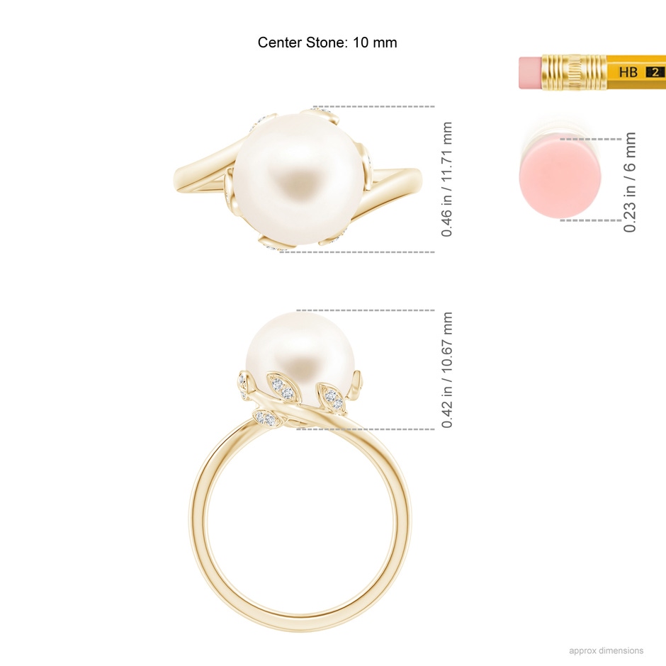 10mm AAA Freshwater Pearl Olive Leaf Bypass Ring in Yellow Gold ruler