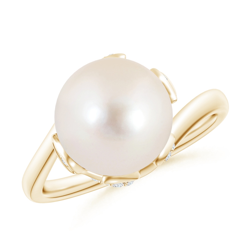 10mm AAAA Freshwater Pearl Olive Leaf Bypass Ring in Yellow Gold