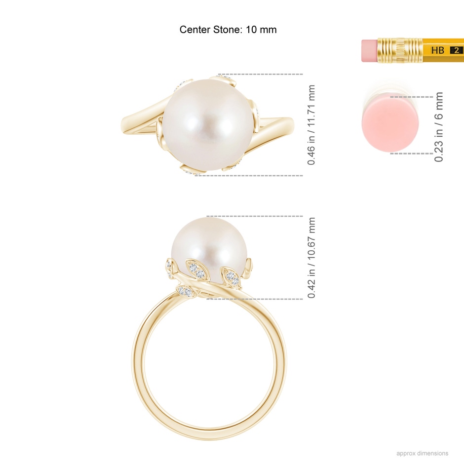 10mm AAAA Freshwater Pearl Olive Leaf Bypass Ring in Yellow Gold ruler