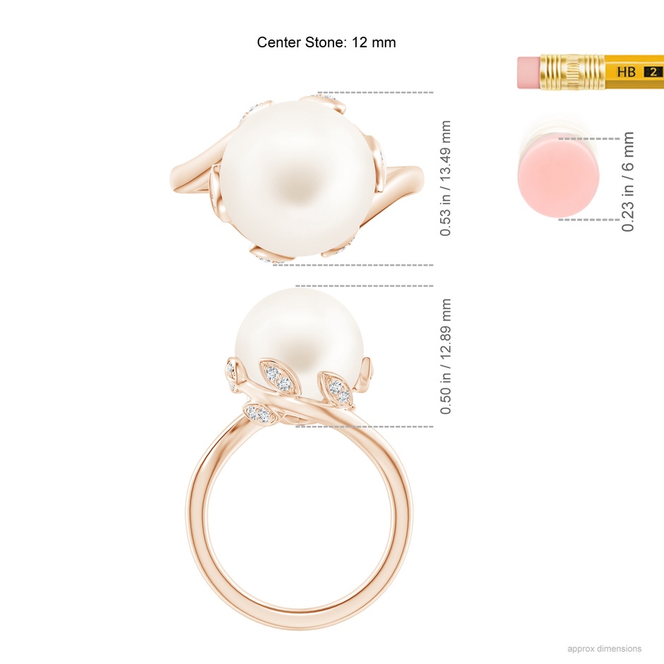 12mm AA Freshwater Pearl Olive Leaf Bypass Ring in Rose Gold ruler