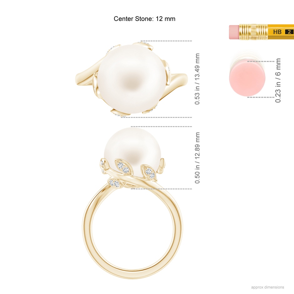12mm AA Freshwater Pearl Olive Leaf Bypass Ring in Yellow Gold ruler
