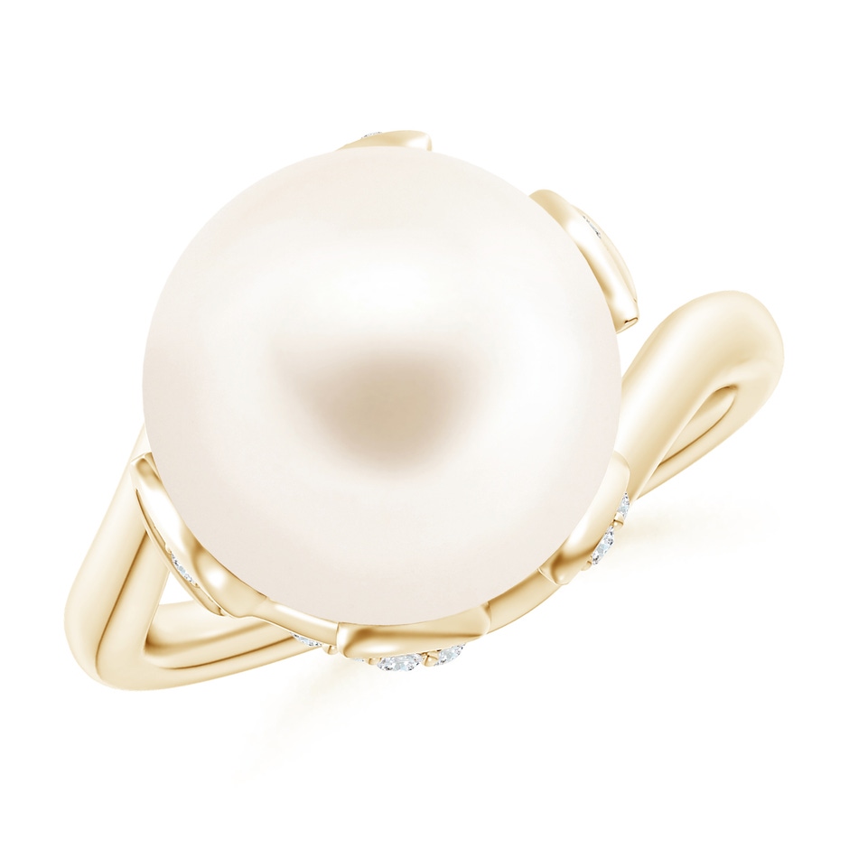12mm AAA Freshwater Pearl Olive Leaf Bypass Ring in Yellow Gold 