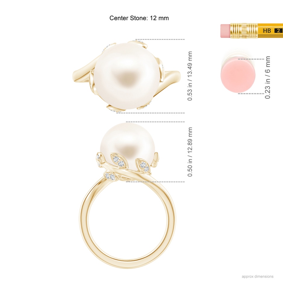 12mm AAA Freshwater Pearl Olive Leaf Bypass Ring in Yellow Gold ruler