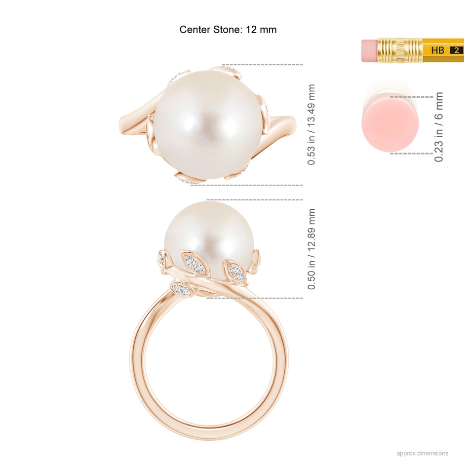 12mm AAAA Freshwater Pearl Olive Leaf Bypass Ring in Rose Gold ruler