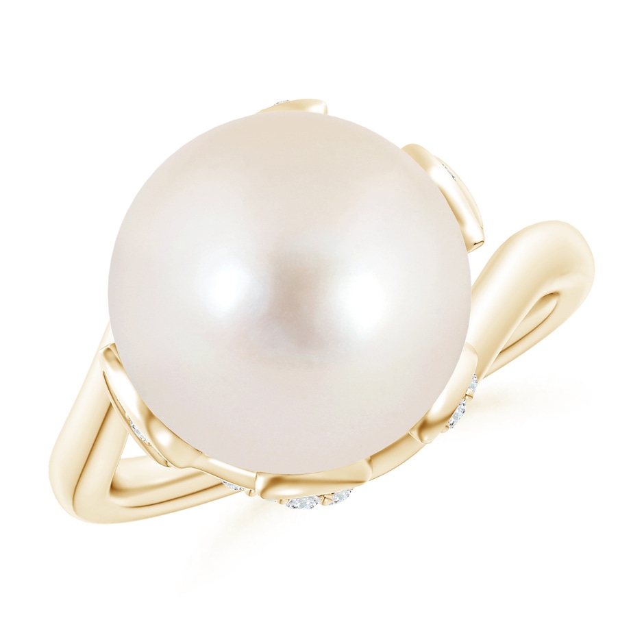 12mm AAAA Freshwater Pearl Olive Leaf Bypass Ring in Yellow Gold 