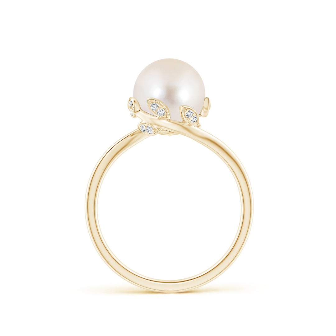 8mm AAAA Freshwater Pearl Olive Leaf Bypass Ring in Yellow Gold - side 1