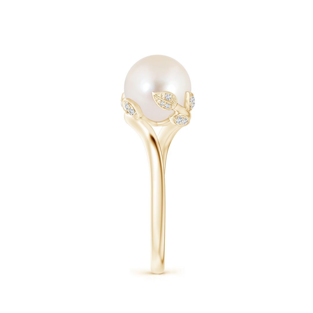 8mm AAAA Freshwater Pearl Olive Leaf Bypass Ring in Yellow Gold - side 6