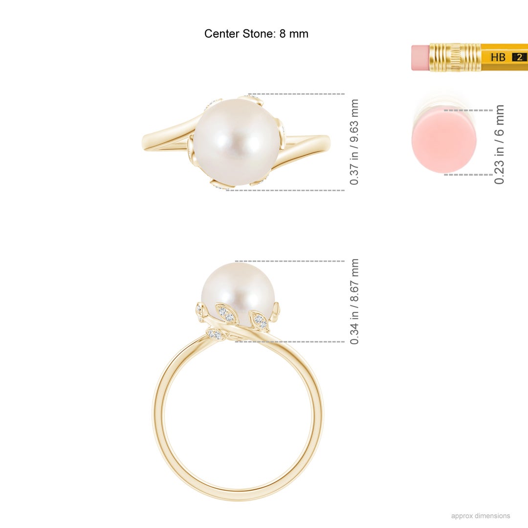 8mm AAAA Freshwater Pearl Olive Leaf Bypass Ring in Yellow Gold - ruler
