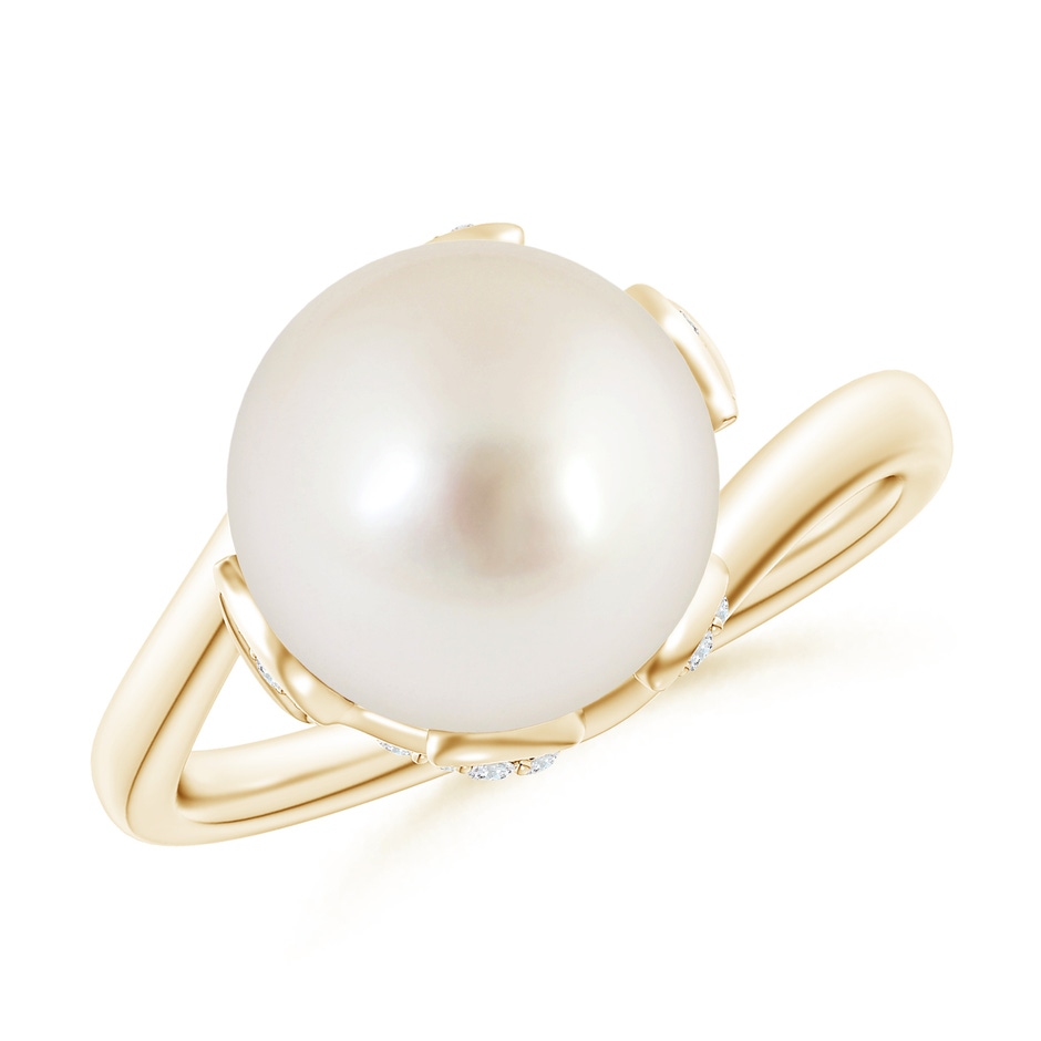10mm AAAA South Sea Pearl Olive Leaf Bypass Ring in Yellow Gold 