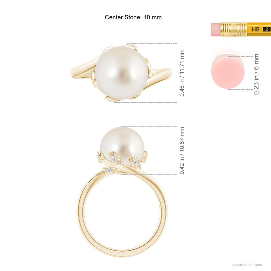 10mm AAAA South Sea Pearl Olive Leaf Bypass Ring in Yellow Gold ruler