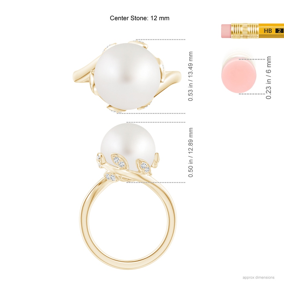12mm AA South Sea Pearl Olive Leaf Bypass Ring in Yellow Gold ruler
