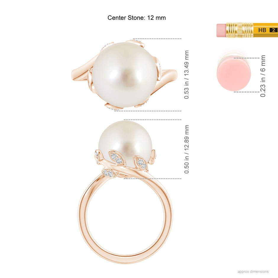 12mm AAAA South Sea Pearl Olive Leaf Bypass Ring in Rose Gold ruler