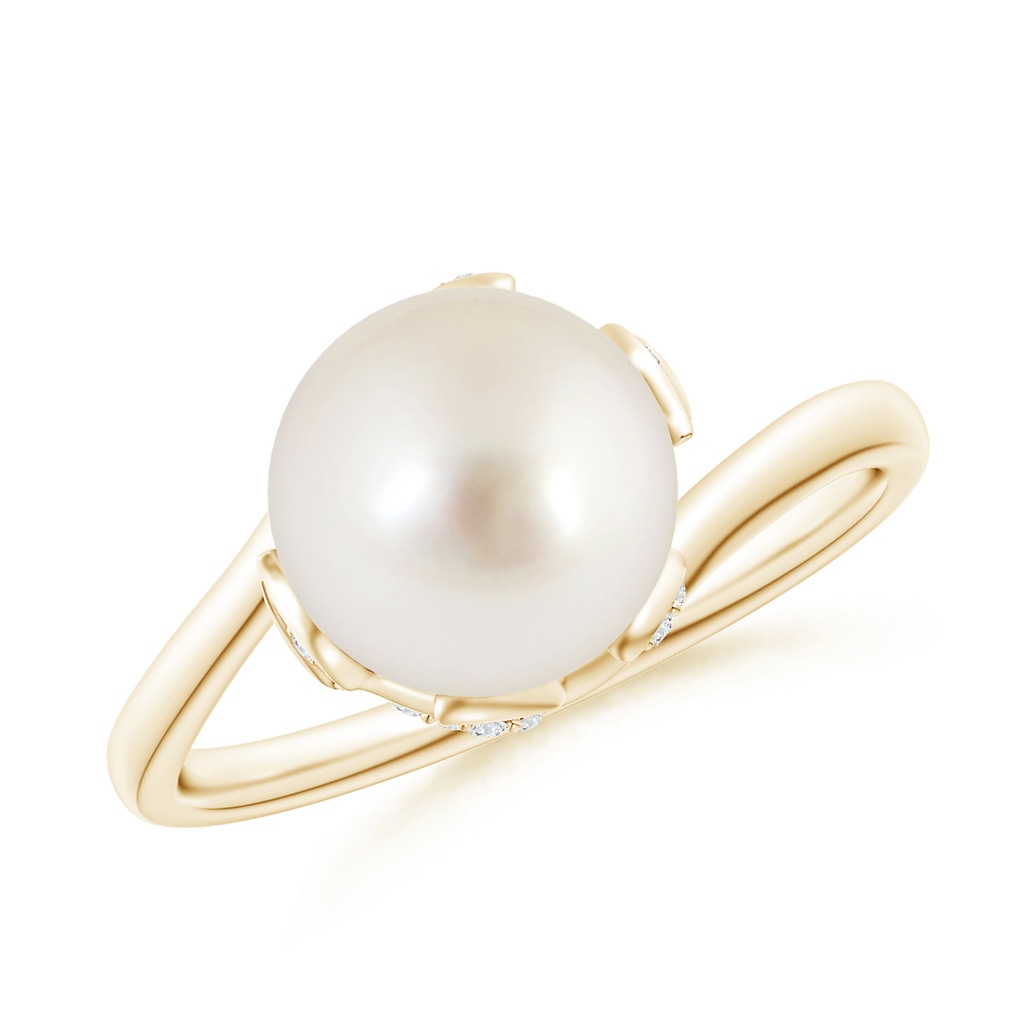 8mm AAAA South Sea Pearl Olive Leaf Bypass Ring in Yellow Gold