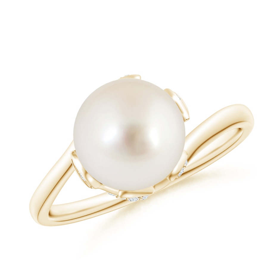 8mm AAAA South Sea Pearl Olive Leaf Bypass Ring in Yellow Gold 