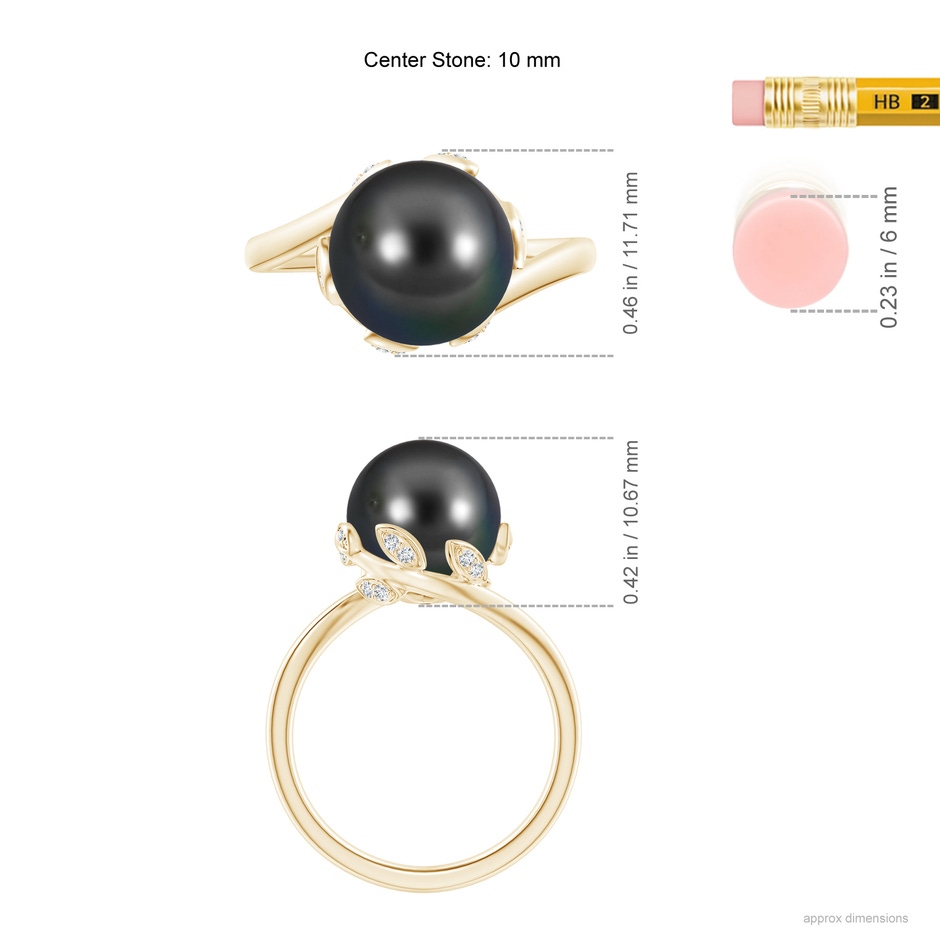 10mm AA Tahitian Pearl Olive Leaf Bypass Ring in Yellow Gold ruler