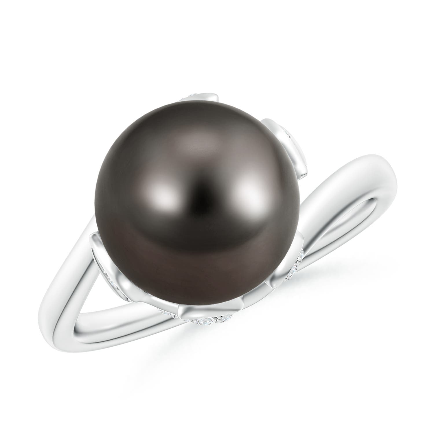 10mm AAA Tahitian Pearl Olive Leaf Bypass Ring in White Gold