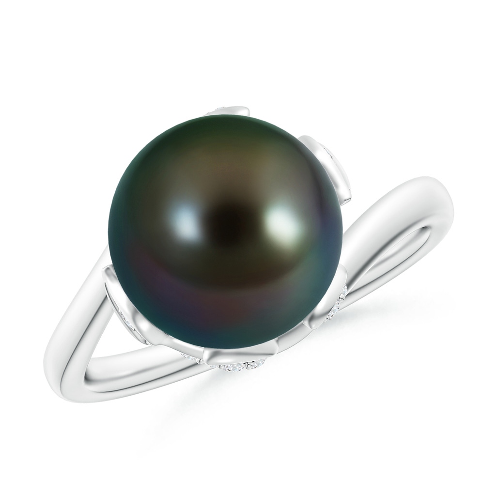 10mm AAAA Tahitian Pearl Olive Leaf Bypass Ring in White Gold